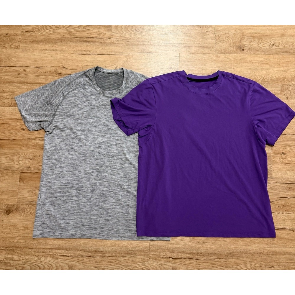 Two Lululemon Mens XL Activewear Crew Neck Short Sleeve T-Shirts Purple & Gray